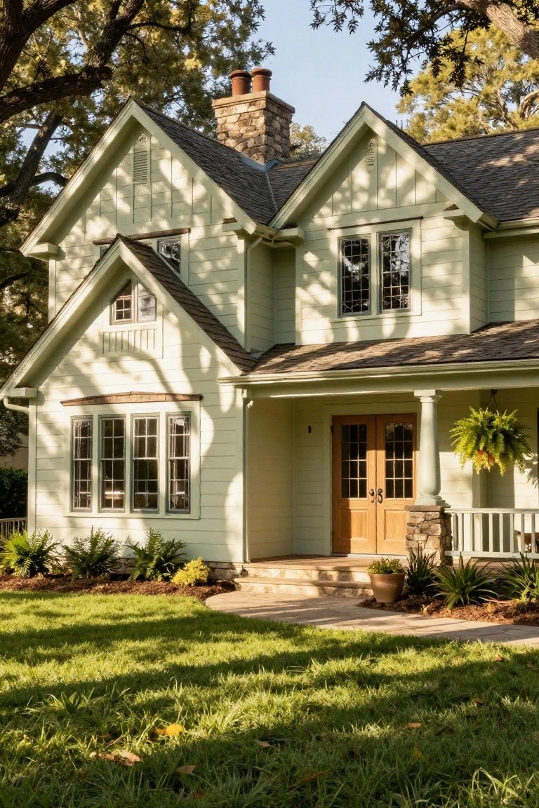 Light green Craftsman-style house with gabled front porch, wooden double doors, stone chimney and accents, hanging fern, front steps, and landscaped yard with grass and plants.