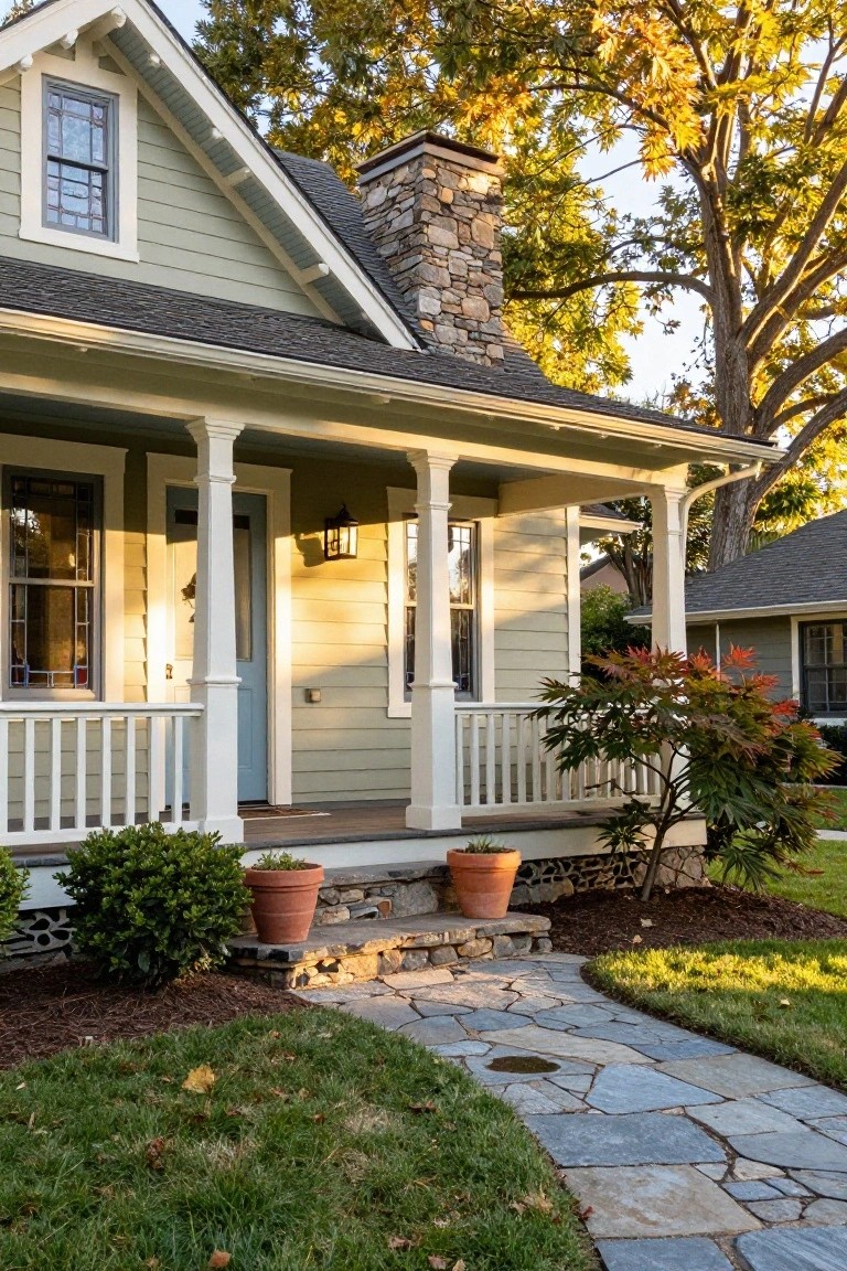Sage green clapboard Craftsman bungalow with covered front porch supported by white columns, tall stone chimney, blue front door, potted plants on porch steps, boxwoods, Japanese maple, and flagstone path leading through lawn with fall foliage.