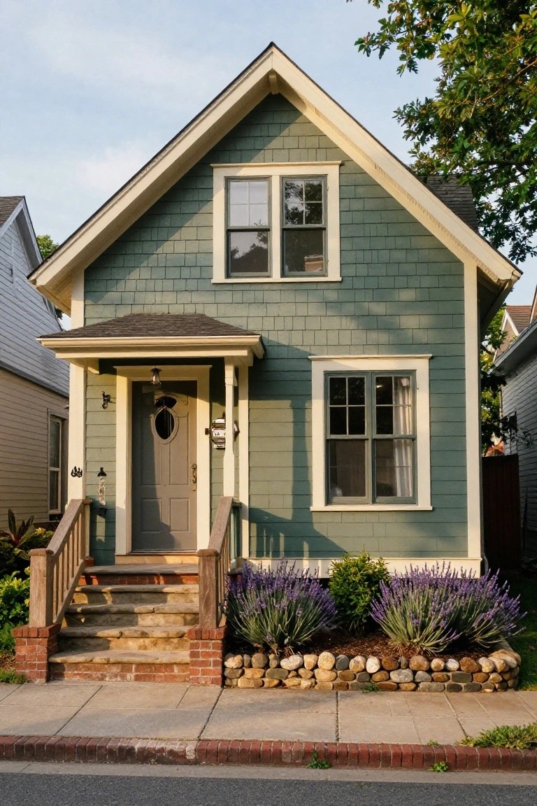 A sage green shingled Craftsman-style bungalow house with white trim, a covered front porch featuring a gray door, double-hung windows, lavender bushes, rock borders, and brick steps along a sidewalk.