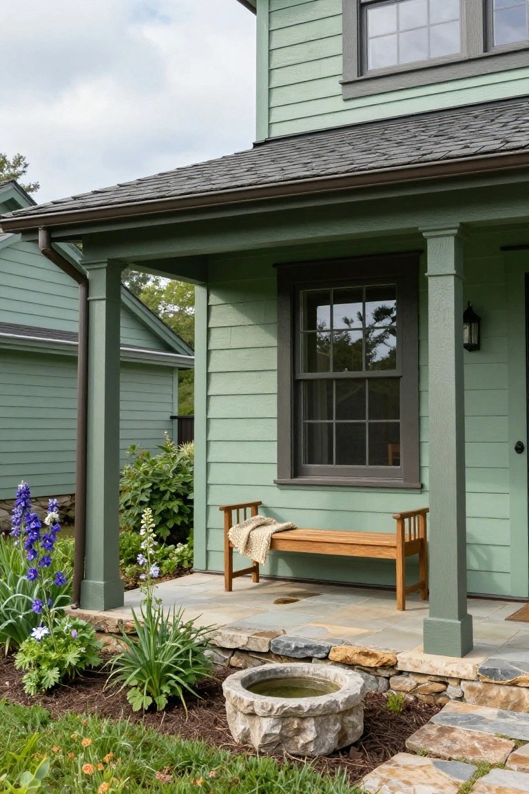 Sage green lap siding on a Craftsman-style house with dark trim windows, covered front porch supported by tapered columns, wooden bench with tan blanket on flagstone floor, delphinium flowers, agave plant, stone birdbath, and lawn edging.