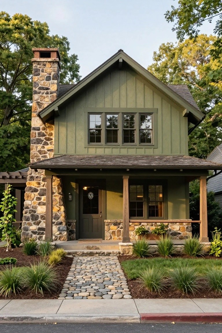 A Craftsman-style house exterior painted sage green with vertical wood siding, a tall stone chimney on the left side, stone pillars supporting the covered front porch, large windows, a dark front door, and a pebble stone pathway leading through low grasses to the sidewalk.