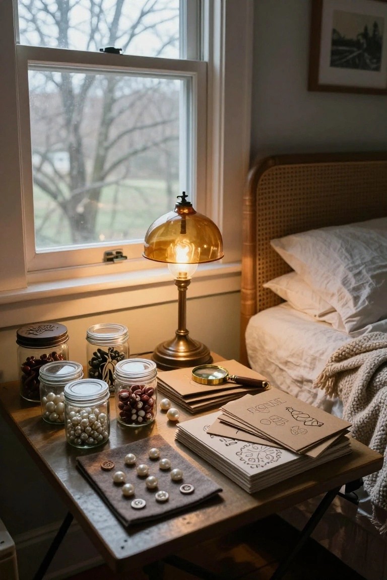 Cozy bedroom bedside table with brass banker's lamp, glass jars filled with white pearls, multicolored beads, spices, buttons arranged on felt beside magnifying glass and stacked notebooks, rattan bed headboard and window in background.