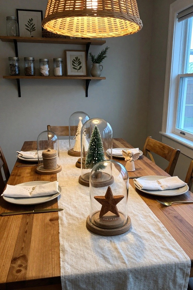 Wooden dining table set for a meal with white plates, napkins, and utensils, centered with glass domes covering mini Christmas trees, a wooden star ornament, angel figures, and stacked woven rounds, linen runner underneath, wooden chairs, and open shelves with jars in background.