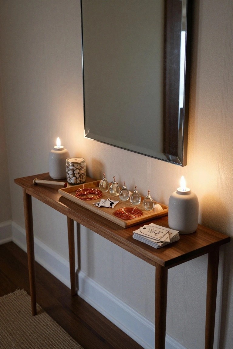 Wooden console table against a wall next to a mirror, holding lit candles in gray ceramic pots, glass teardrop ornaments, copper coils, shell-filled jar, wooden tray with orange slices and tags, and stacked cards.