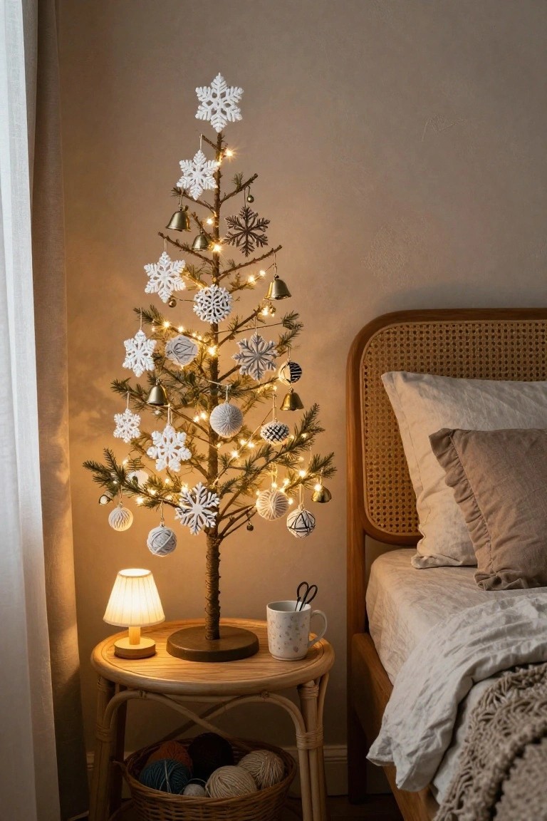 A small lit Christmas tree decorated with white crocheted snowflake ornaments, bells, knitted balls, and string lights stands on a wooden base next to a rattan bedside table in a neutral bedroom with a rattan bed frame.