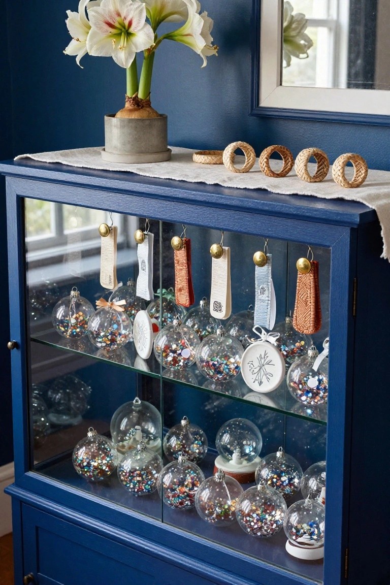 Navy blue wooden curio cabinet with glass doors displaying numerous colorful glass Christmas ornaments filled with glitter and beads on shelves, amaryllis plant and woven napkin rings on a cloth-covered table in front.
