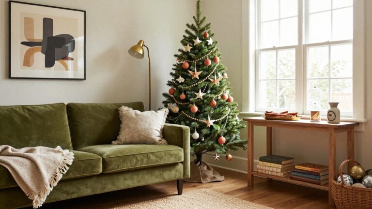 Cozy living room corner featuring a Christmas tree decorated with hanging terracotta pot ornaments, paper stars, wooden bead garlands, and glass balls, beside a green velvet sofa, wooden coffee table with cinnamon sticks, and side tables.
