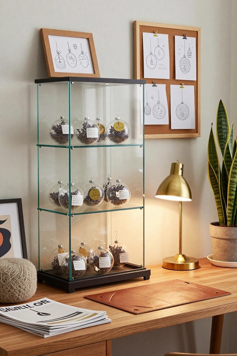 Tall glass display case on a wooden desk filled with clear glass Christmas ornaments containing lavender and spices, next to pinned drawings, framed art, a gold lamp, and a potted snake plant in a beige room.