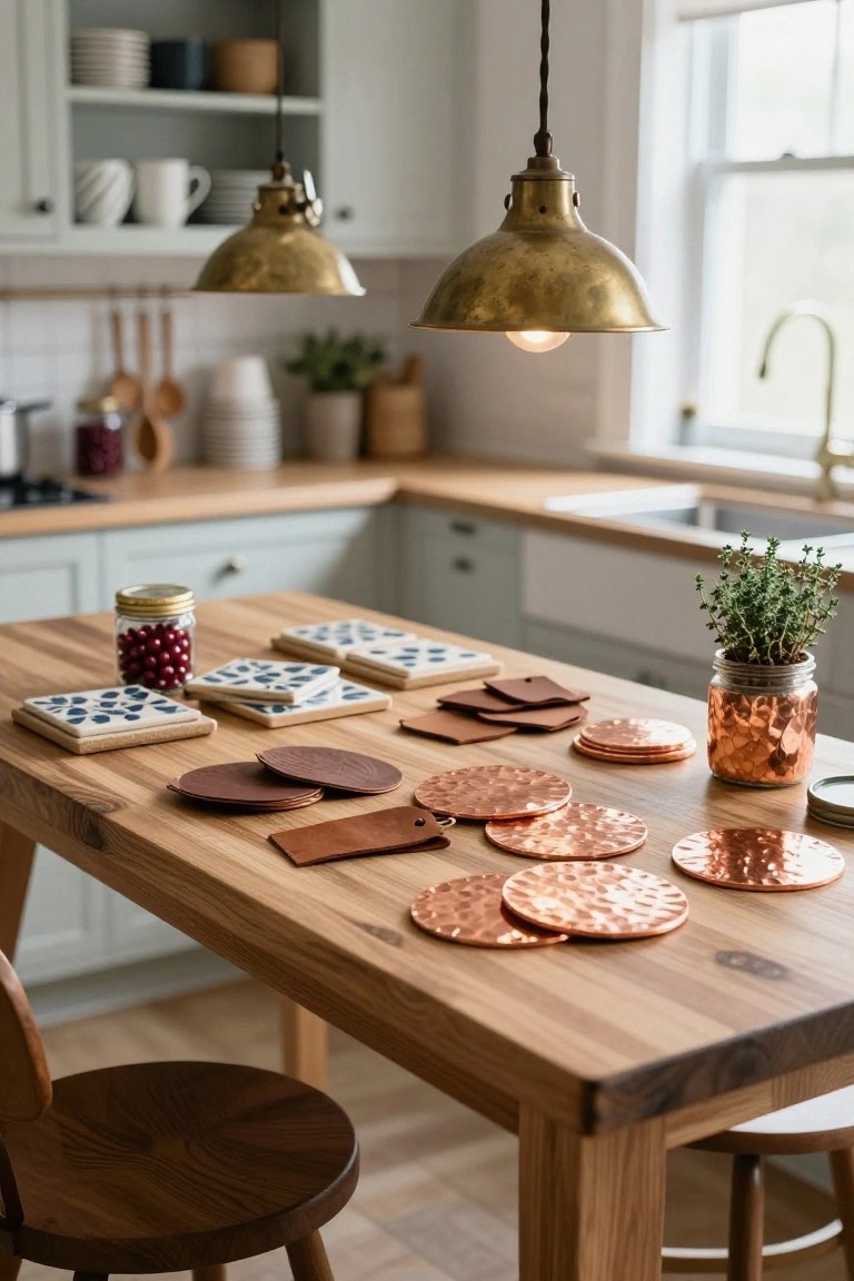 Wooden kitchen table topped with stacked hammered copper coasters, leather discs, blue patterned ceramic tiles, jars of red berries and herbs, and potted thyme near a sink.