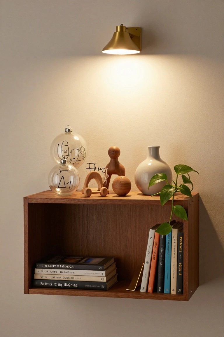 Wooden floating shelf on a beige wall displaying two clear glass Christmas ornaments with black line drawings, wooden toys including figures and arches, a white vase with green plant leaves, and stacked books, lit by a brass wall light above.