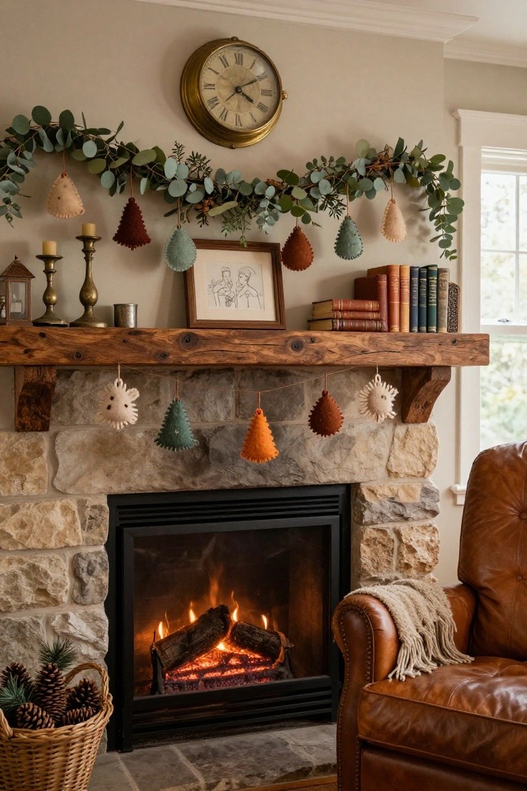 Living room fireplace mantel with wooden beam shelf decorated by eucalyptus garland from which handmade felt ornaments in pear, tree, and urchin shapes hang, stone fireplace with lit fire below, leather armchair to the side, and basket of pinecones in front.