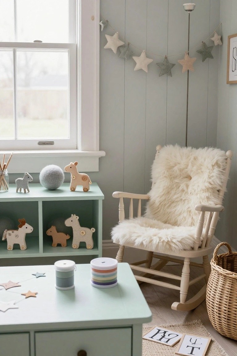 Corner of a light green nursery with mint shelves holding wooden animal toys, a fluffy white rocking chair, stacked rings on a low table, fabric star garland hanging on pale walls, and a window showing snowy fields outside.