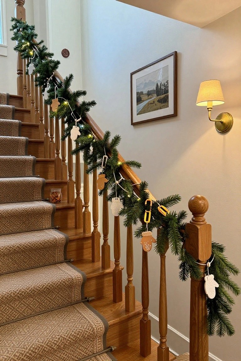 Wooden staircase with beige patterned runner, wrapped in green garland with white fairy lights and hanging ornaments including gingerbread figures, mittens, snowflakes, and candy cups.