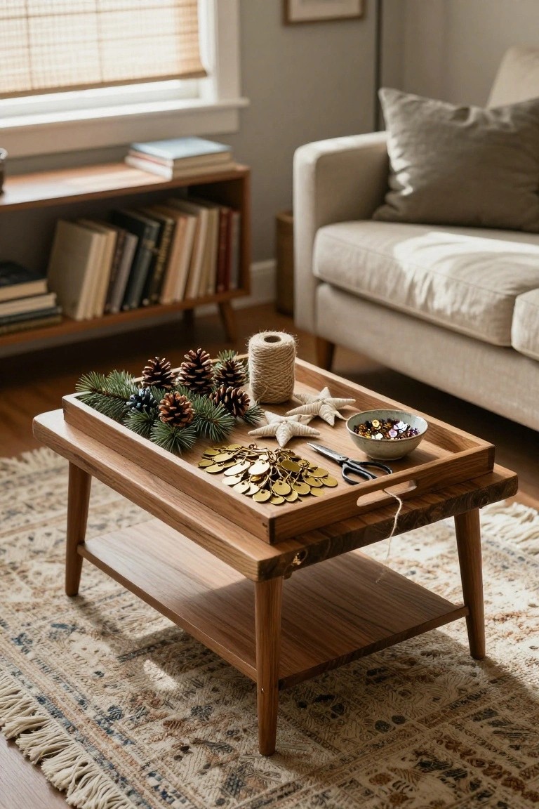 Wooden tray on a coffee table in a living room holds pinecones, fir branches, twine spool, fabric stars, beads in a bowl, gold leaf ornaments, and scissors.