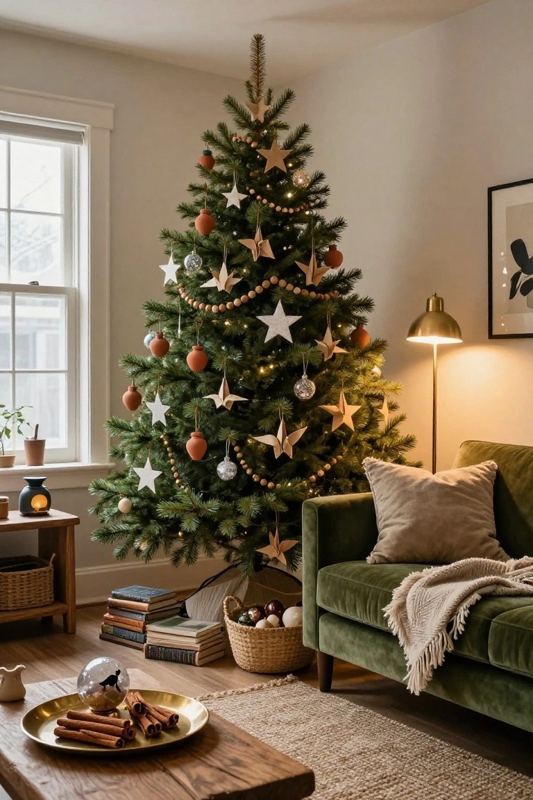 Cozy living room corner featuring a Christmas tree decorated with hanging terracotta pot ornaments, paper stars, wooden bead garlands, and glass balls, beside a green velvet sofa, wooden coffee table with cinnamon sticks, and side tables.
