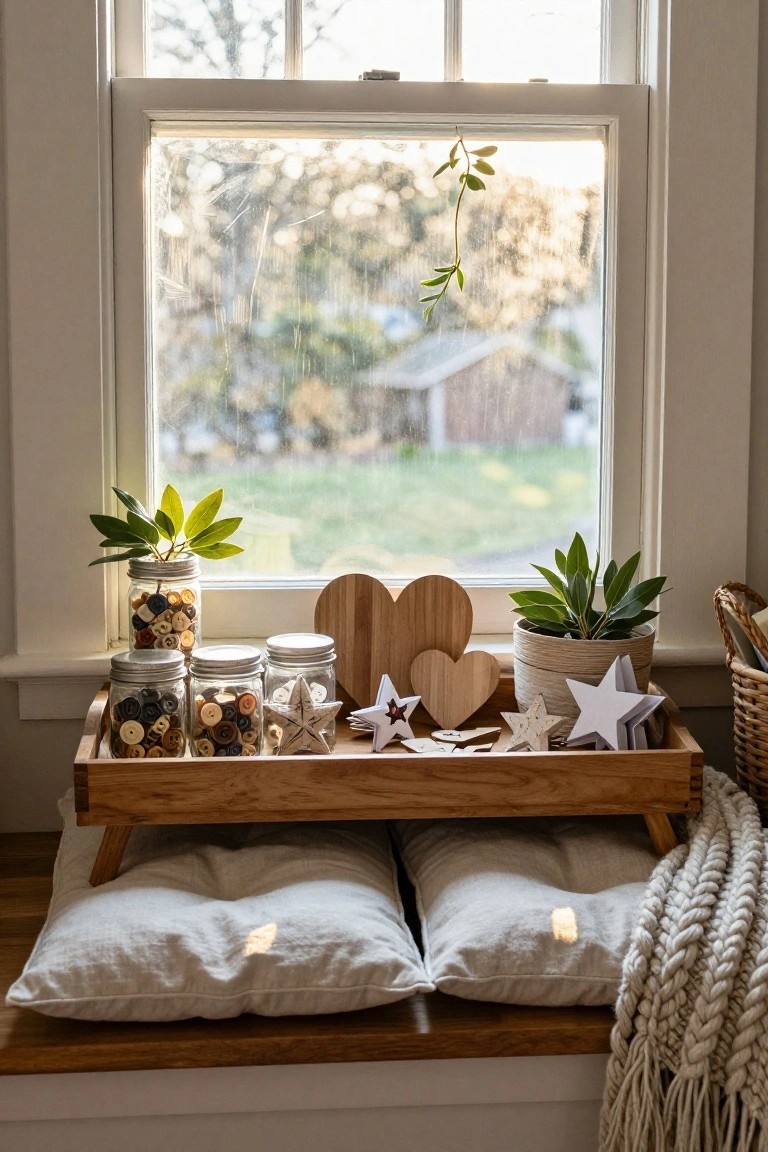 Wooden window bench with white cushions and knit throw, holding a tray of wooden star and heart cutouts, jars filled with buttons, potted plants, and wicker baskets, viewed from inside a light-filled room.