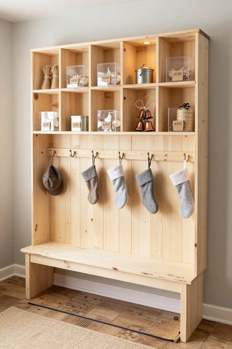 Wooden shelving unit with multiple cubbies containing glass ornaments, tins, straw bundles, and brass bells, hooks holding gray knit stockings and a brown hat, and a bench below in a room with light gray walls and wood floors.