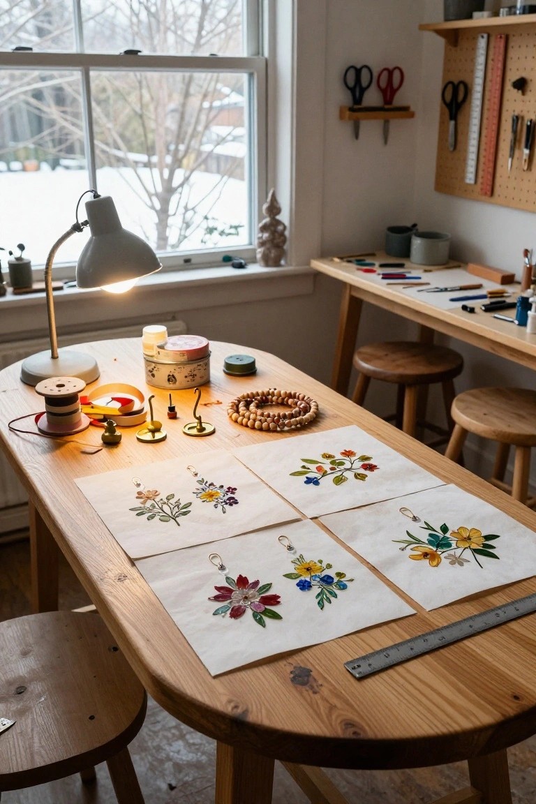 Wooden craft table in a light-filled room with embroidered floral designs on white fabric panels, spools of thread, beads, scissors, desk lamp, and stools, next to shelves and a window showing snowy trees outside.