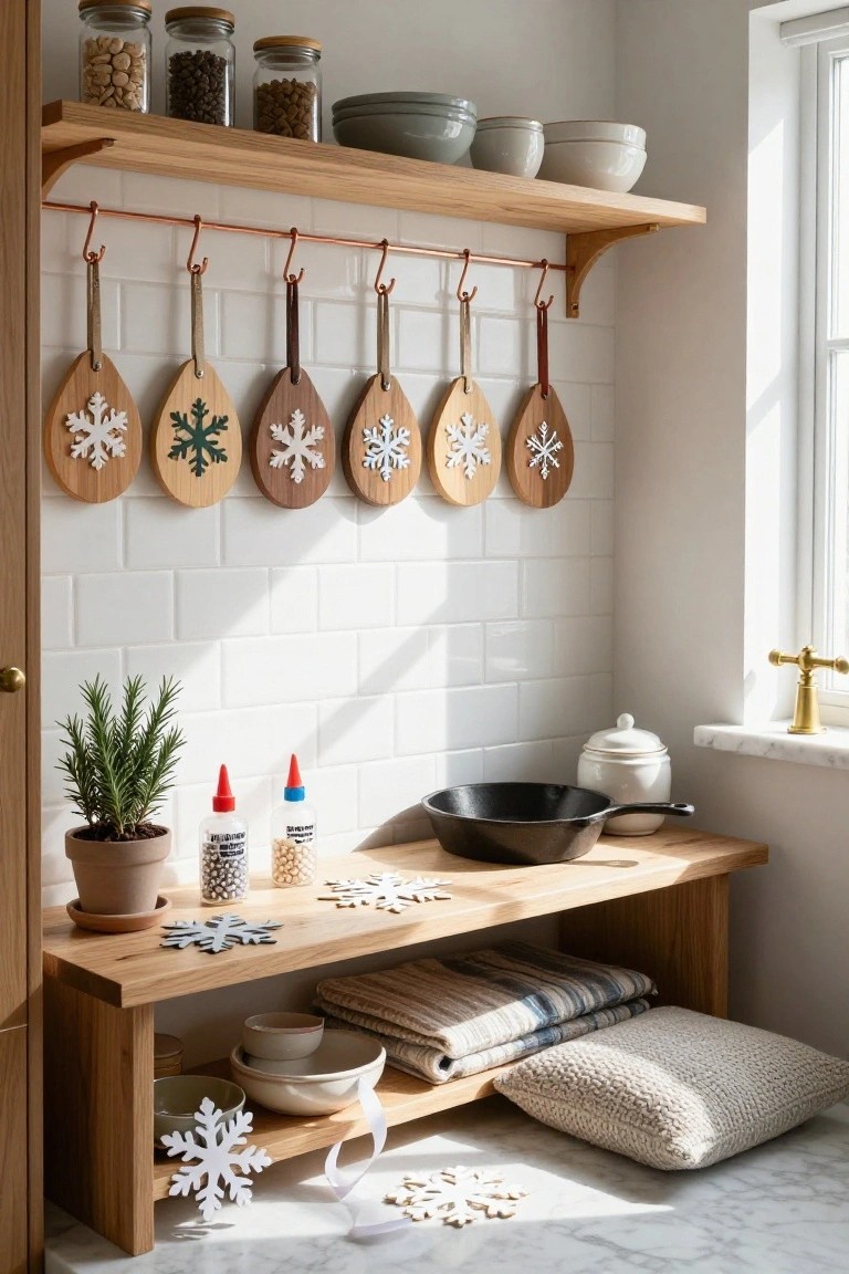 Kitchen corner featuring oak shelves with jars and bowls, copper pipe hooks holding wooden paddles decorated as snowflakes in various colors and wood tones, a wooden bench with a cast iron pan, potted rosemary plant, glue bottles, and scattered paper snowflakes on the marble floor.