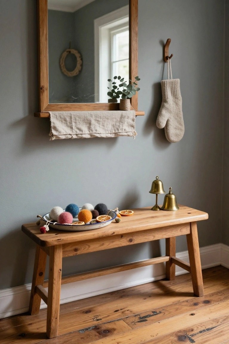 Wooden entry bench with a white dish of colorful wool felt balls and dried orange slices next to brass bells, under a wooden-framed mirror with linen cloth and hanging wool mitten on gray wall.