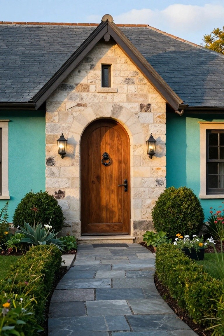 Front view of a house with turquoise painted walls, a beige stone gabled entryway featuring an arched wooden door with black hardware and lion head knocker, flanked by lanterns, and a slate pathway edged by boxwood shrubs and plants.