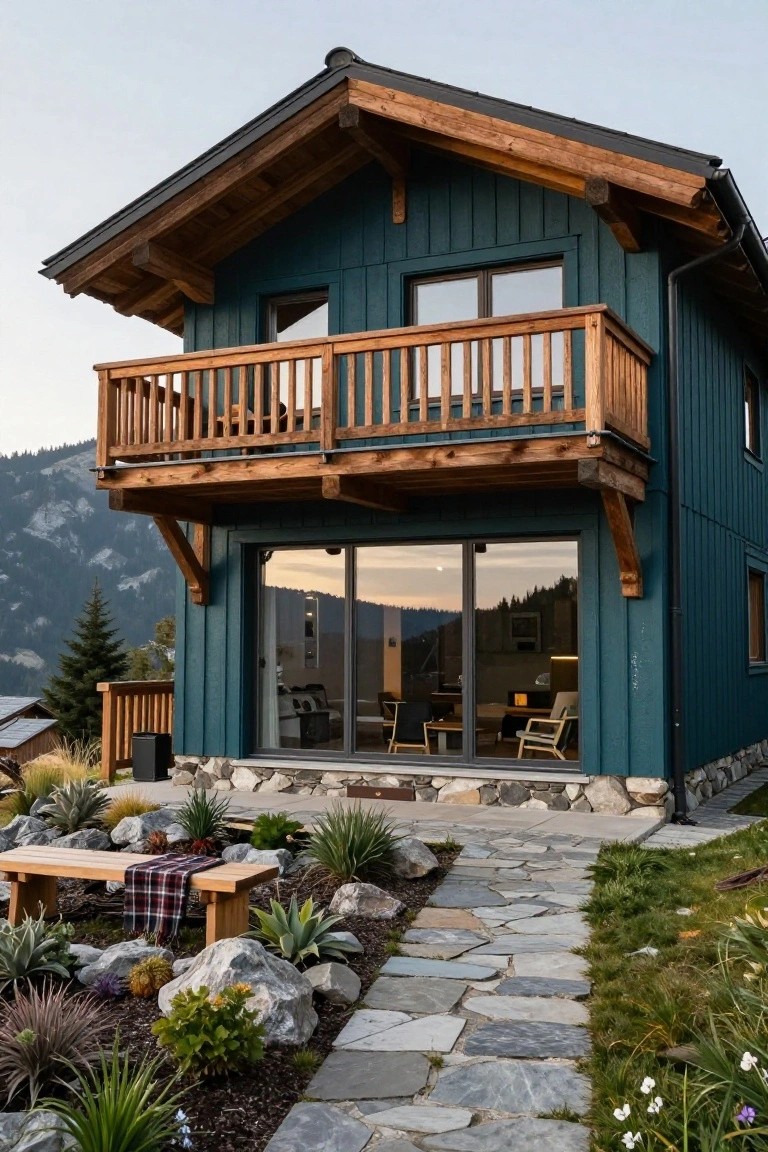 Two-story chalet-style house painted dark teal green with wooden balcony, large sliding glass doors on the ground floor, stone foundation, flagstone path, drought-tolerant plants, and mountain backdrop at dusk.