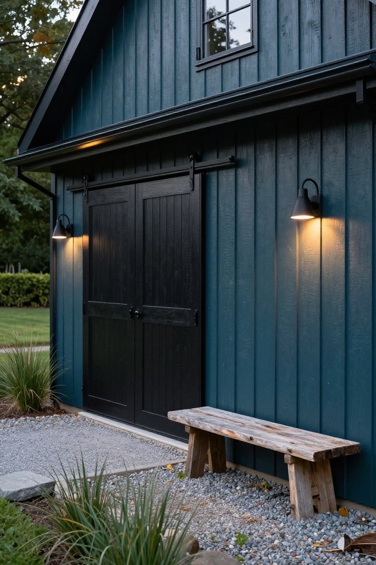 Dark teal board-and-batten sided barn-style garage with large black sliding barn doors, flanked by black gooseneck wall lights, wooden bench in front on gravel path with ornamental grasses and stone edging.