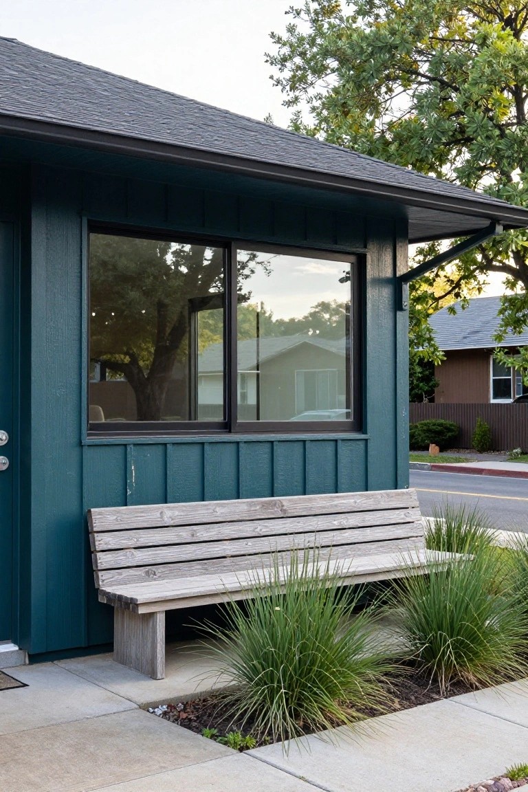 Dark teal board-and-batten sided house exterior featuring a large horizontal window, front door, weathered wooden bench, ornamental grasses, and concrete sidewalk next to a street.