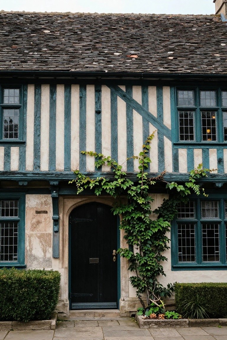 Two-story half-timbered house exterior with dark teal painted timbers and white plaster walls, arched black front door, climbing ivy on the right side, leaded green windows, and boxwood shrubs flanking the entry on a stone pavement.