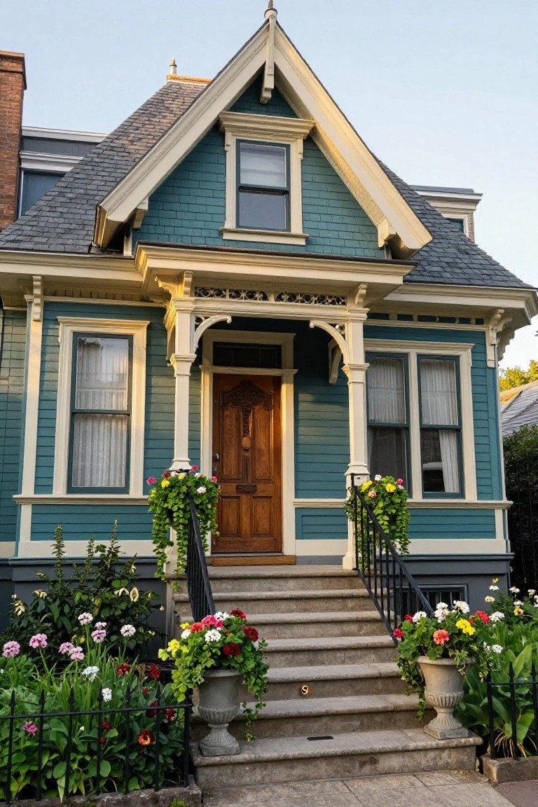 Teal shingle house with gabled roof, white trim, ornate porch, wooden front door, flower baskets, and garden beds at the base of concrete steps.