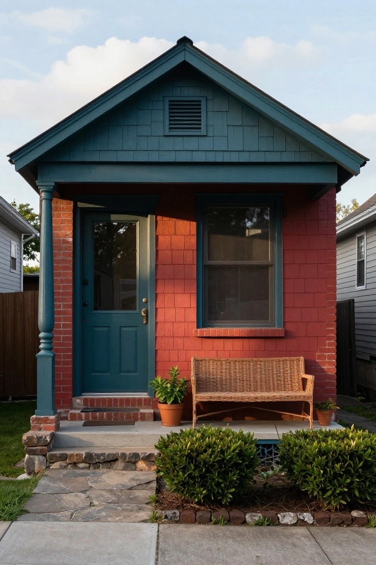 Small red brick house with dark teal green shingled upper siding and gable roof, teal front door, porch with wicker bench, potted plants, boxwoods, and stone path in front yard.