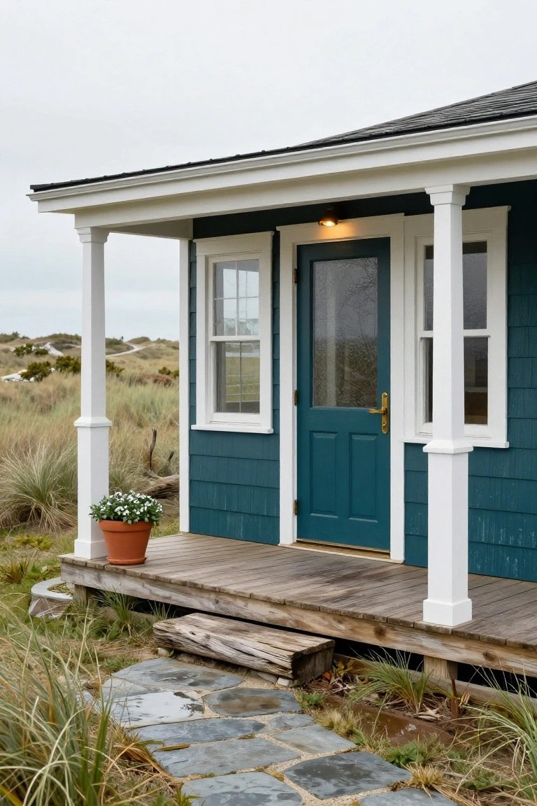 Side view of a dark teal shingle-sided house with white trim, green front door, lit porch light, wooden deck steps, potted plant, and dune landscape in the background.
