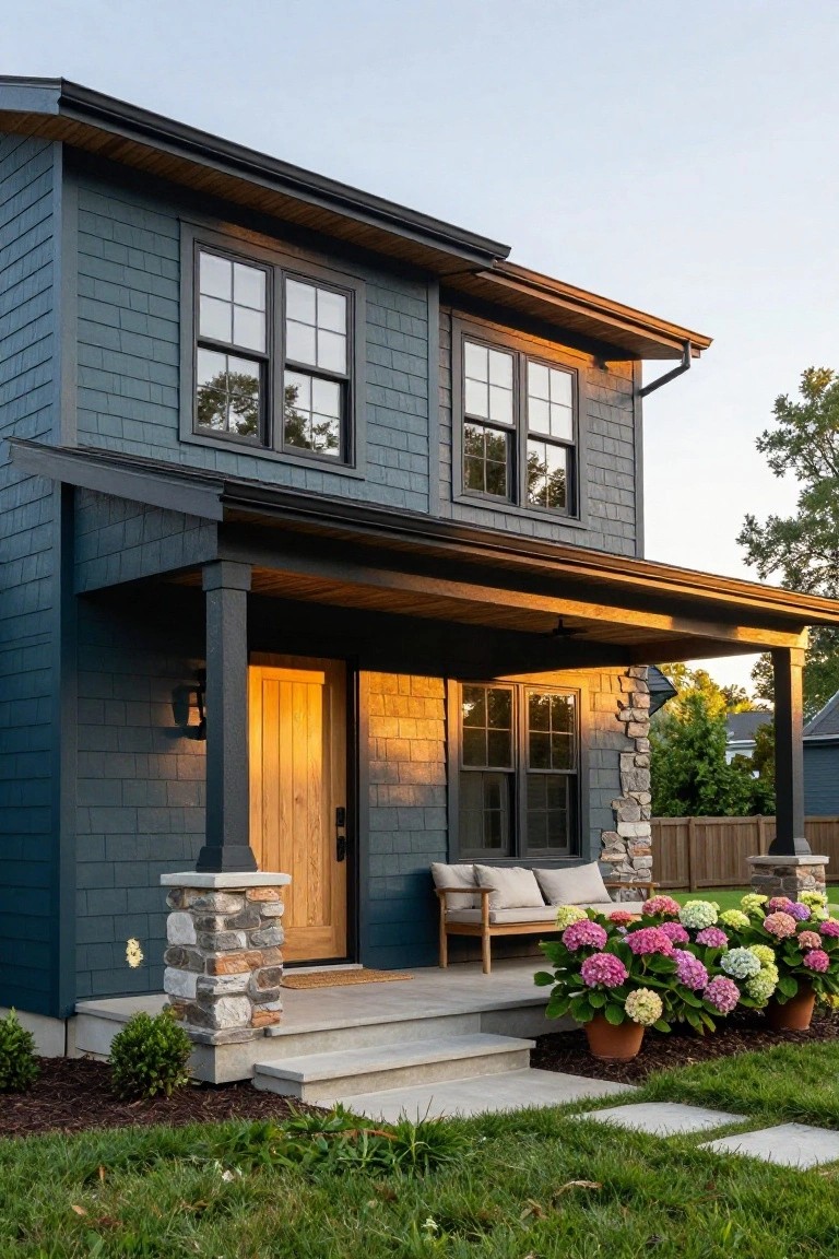 Front exterior of a two-story house with dark teal shingle siding, covered wooden porch, oak front door, stone pillar bases, bench seating, potted hydrangeas, and green lawn at sunset.
