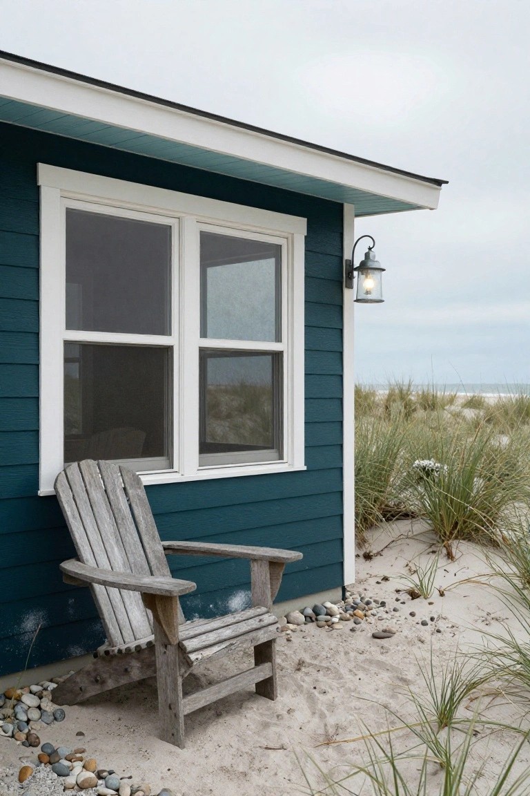 Corner of a dark teal clapboard house with white trim and double casement window, a weathered wooden Adirondack chair next to it on sandy ground with pebbles, beach grass, and distant ocean dunes.