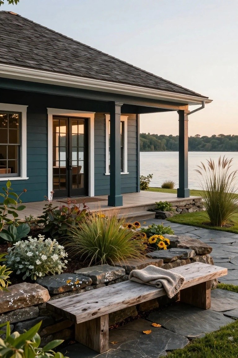 Dark teal green clapboard-sided house with white trim, shingled roof, covered porch, stone retaining wall with wooden bench, landscaping, and lake view in background.