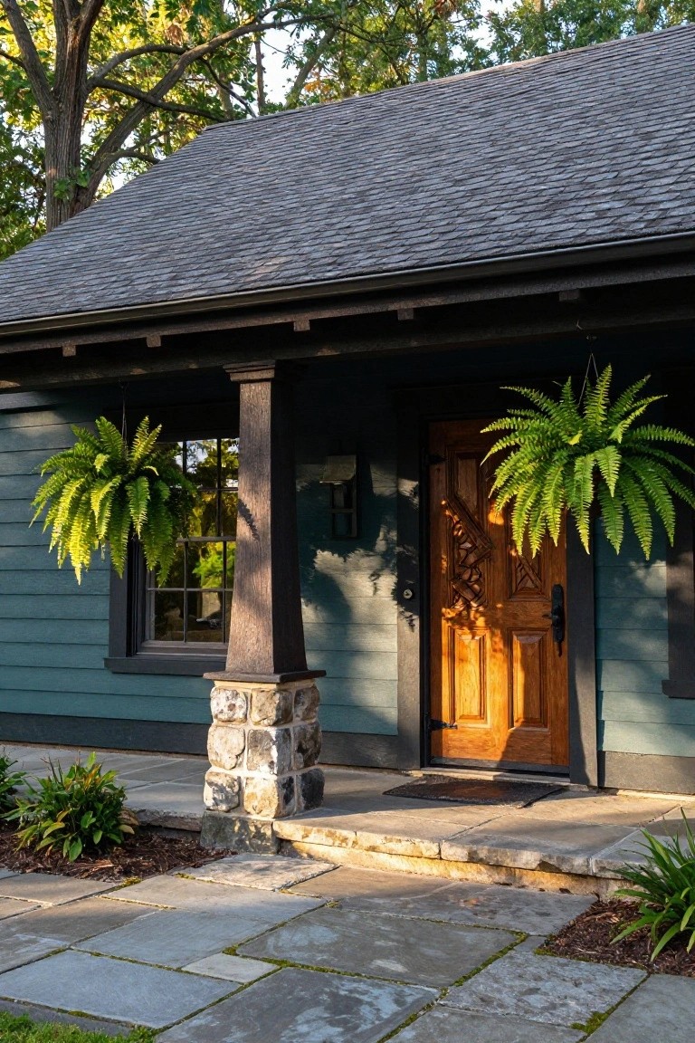 Front view of a dark teal clapboard house with a carved wooden front door, hanging ferns on the porch columns, stone base pillars, and a bluestone pathway leading to the entry.