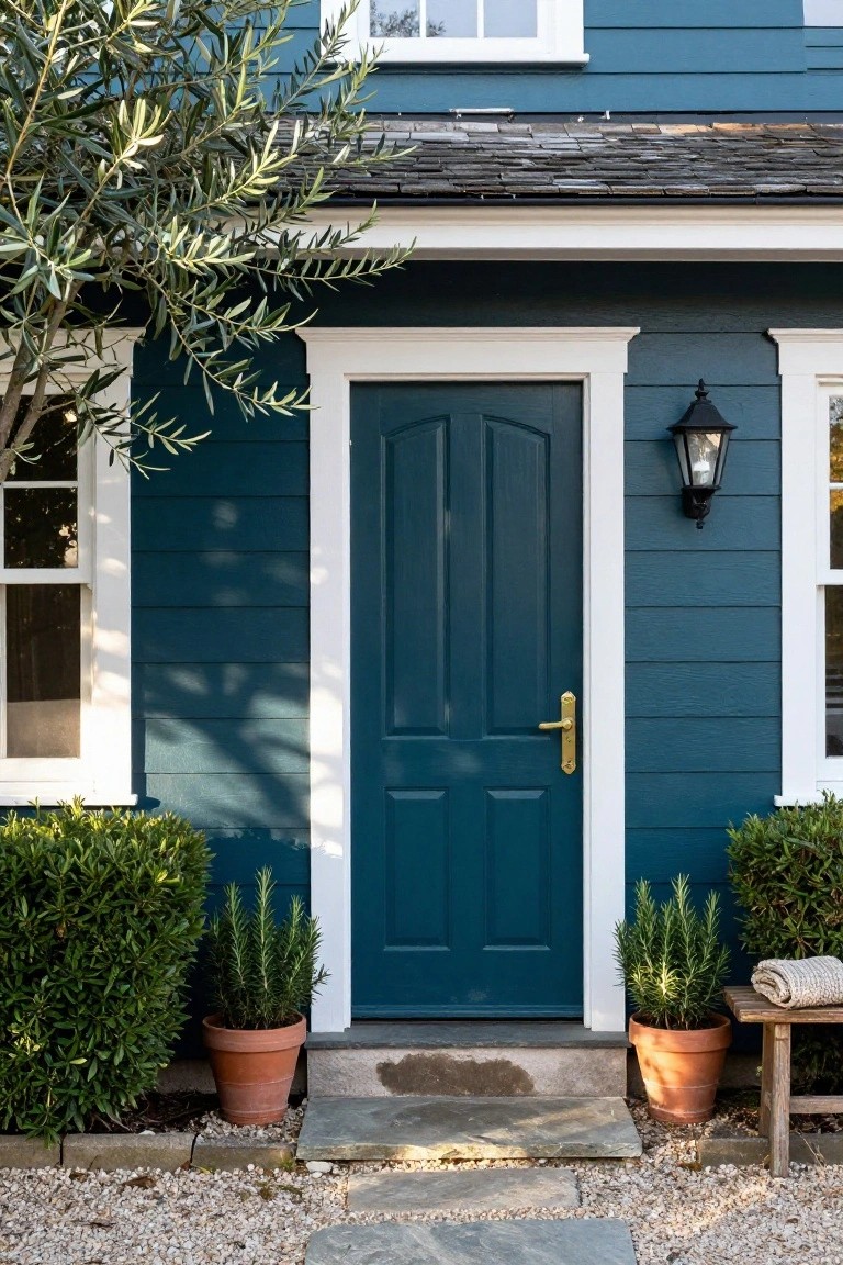 Teal clapboard house exterior with white trim framing a paneled teal front door and flanking windows, gold door handle, black lantern light, potted rosemary plants, boxwood shrubs, stone steps, and gravel path under an olive tree.