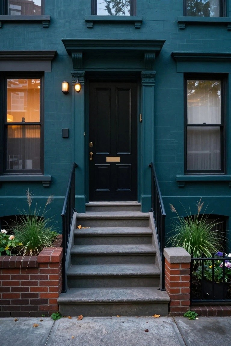 Dark teal rowhouse exterior with black front door, brass knocker and handle, lanterns, concrete steps flanked by brick planters with ornamental grasses and flowers, and black metal railings.
