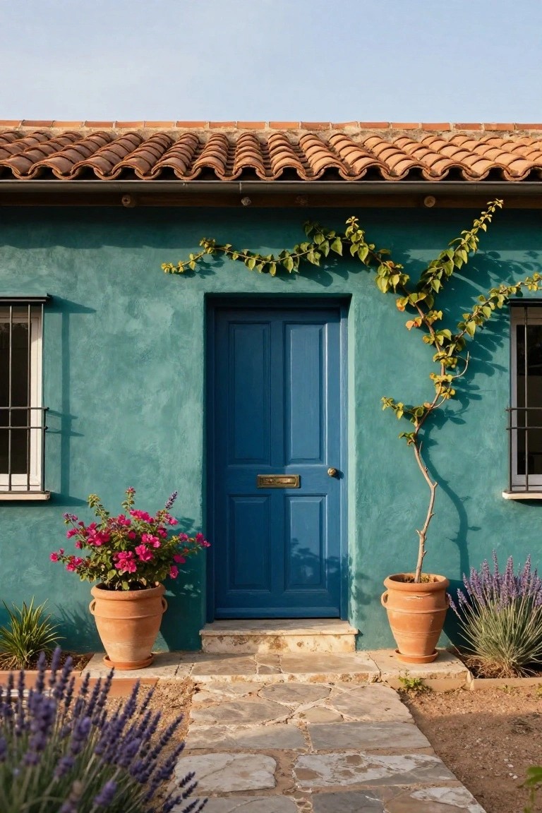 Teal stucco house facade with terracotta tile roof, deep blue front door, climbing vine on the wall, potted bougainvillea and agave plants flanking the entrance, and lavender along a stone path.