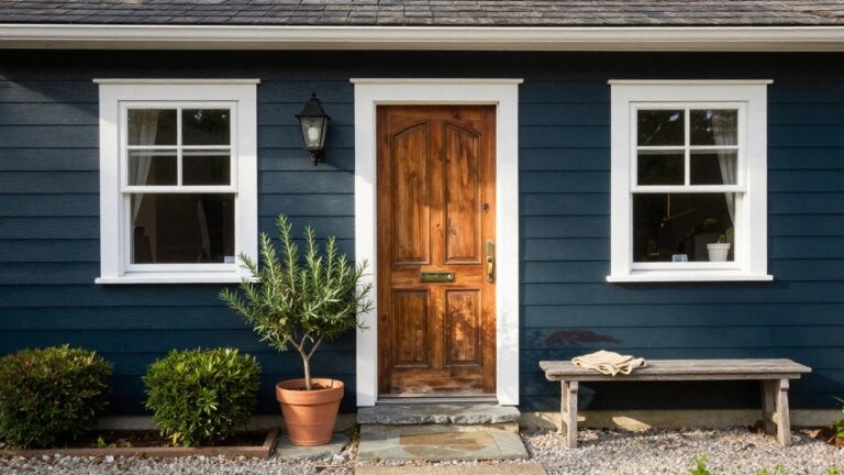 Teal clapboard house exterior with white trim framing a paneled teal front door and flanking windows, gold door handle, black lantern light, potted rosemary plants, boxwood shrubs, stone steps, and gravel path under an olive tree.