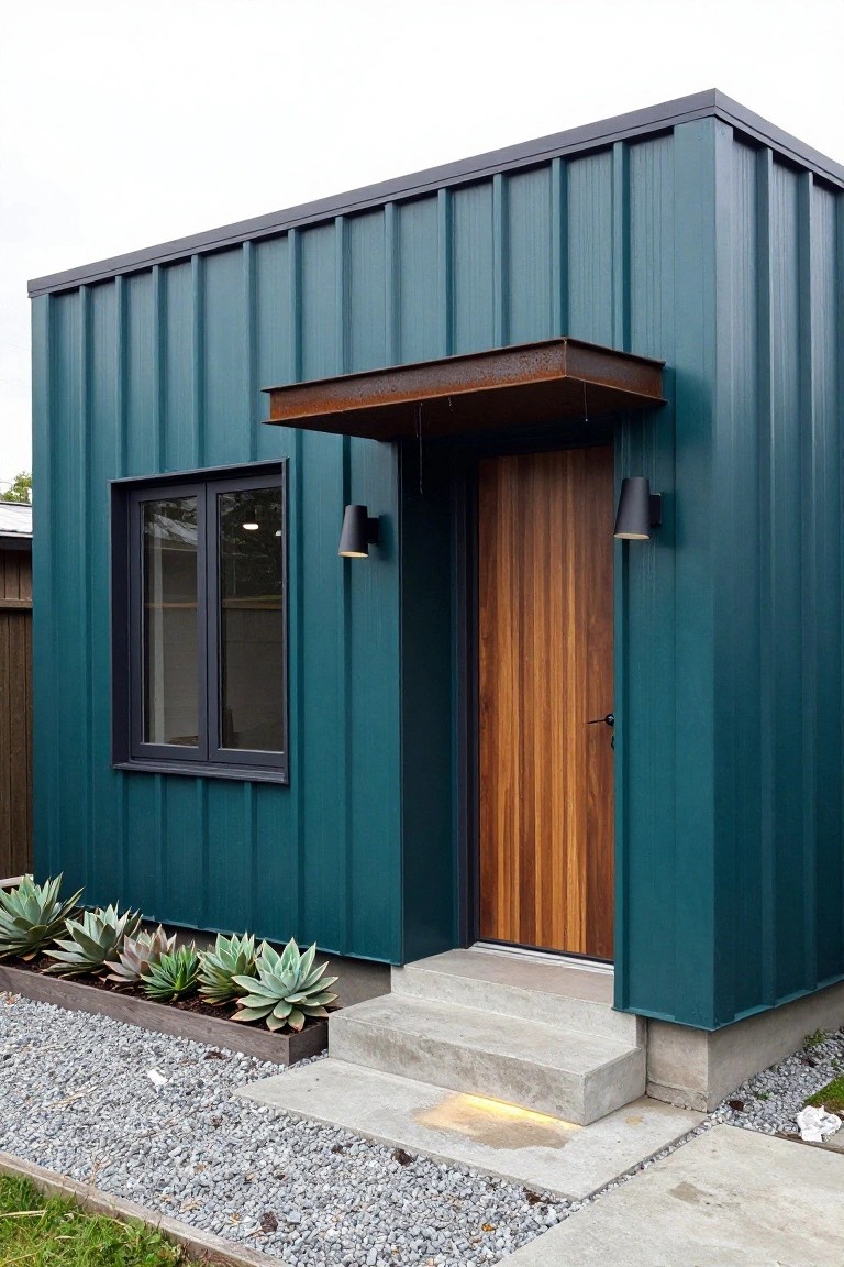 Small boxy modern house with dark teal corrugated metal siding, wooden front door under a rusted metal canopy, black-framed window, black wall lights, concrete entry steps, wooden planter of agave plants, and gravel ground.