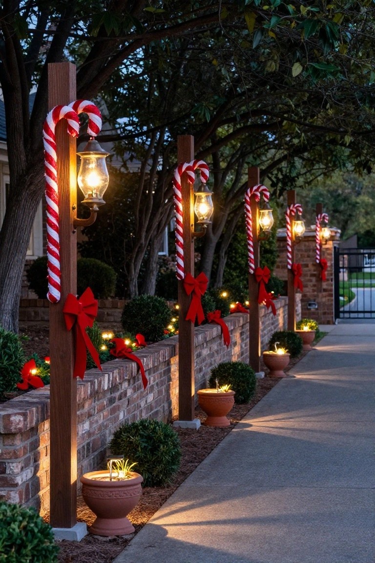 Driveway edged by wooden posts wrapped with red and white striped candy cane decorations, each post topped with a lit lantern and red bows, next to a brick wall, potted plants, bushes, and string lights under trees at night.