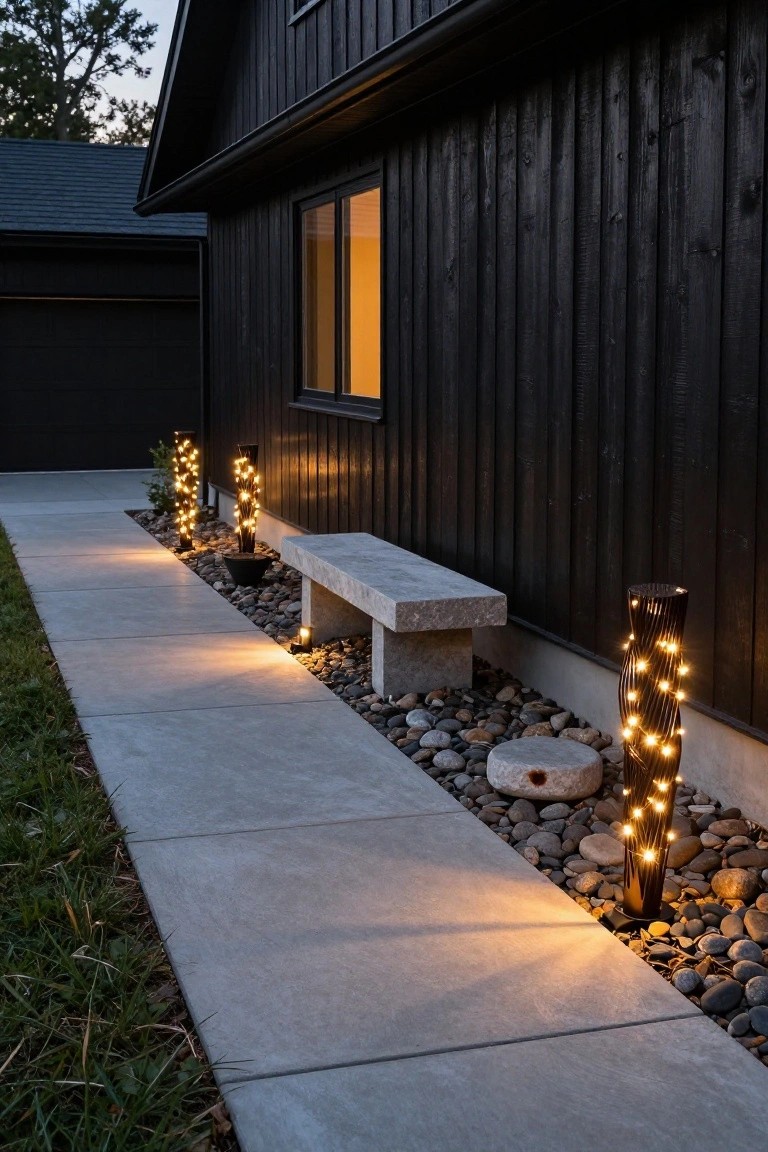 Evening side view of a concrete pathway next to a black wood house wall, with tall black poles wrapped in white fairy lights, a gray stone bench, gravel bed with river rocks, small plants, and low ground lights.