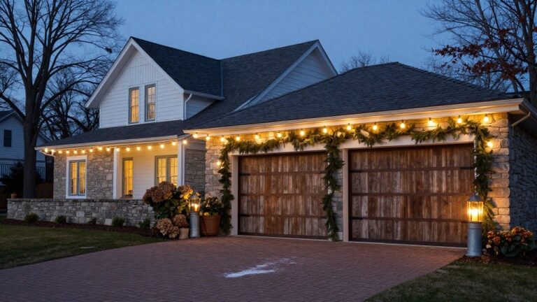 20 Dazzling Driveway Christmas Light Ideas That Make Arrivals Feel Magical Gray shingle-style house exterior at dusk with dark roof, lit windows, wooden garage doors, brick driveway edged by stone walls topped with lanterns and garland, string lights strung overhead from trees to house, potted plants nearby.