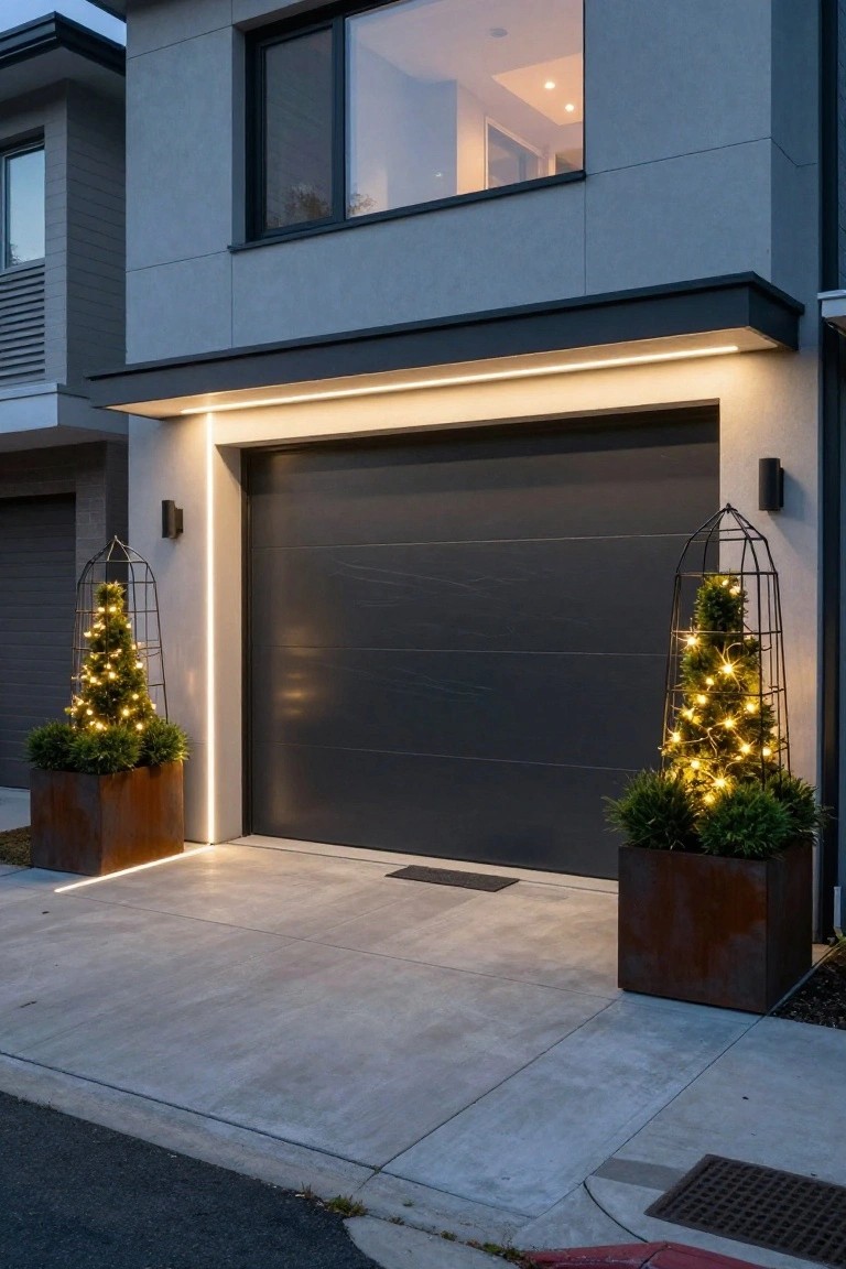 Modern grey house exterior at dusk with dark garage door lit by slim LED strip along the top edge, flanked by two lit topiary trees in black metal cages inside rust planters on a concrete driveway.