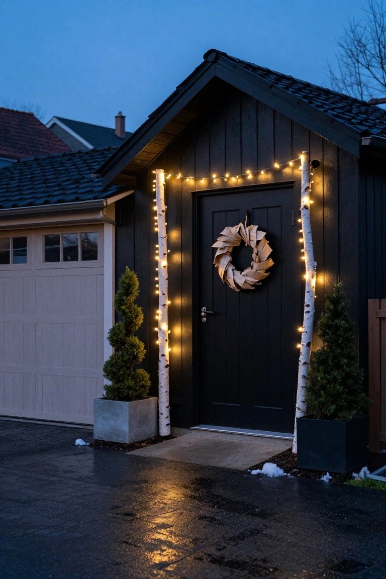 Black wooden door on a dark shed-like structure flanked by two birch trees wrapped in string lights, with a beige paper wreath hanging on the door, next to a beige garage door, potted spiral evergreen plants, and a wet paved driveway with snow patches at twilight.