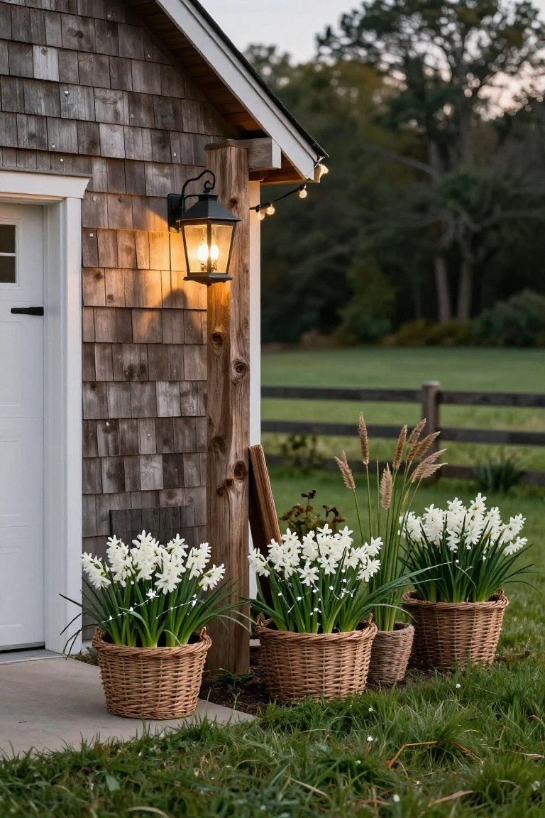 Shingled garage building with white door, lit black lantern on wooden post, string lights along eave and in three wicker baskets of white daffodils on concrete slab, grass and field in background at dusk.