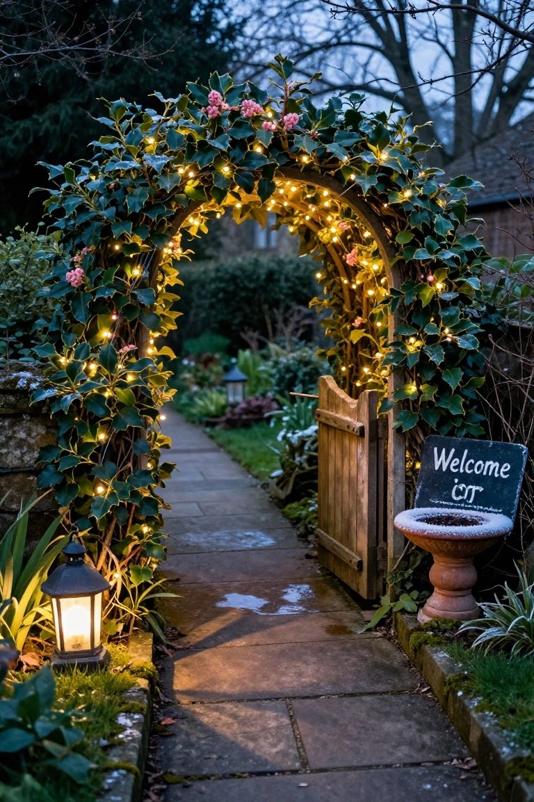 Wooden garden gate beneath an ivy-covered archway wrapped in fairy lights, with lanterns, a birdbath, and stone path at dusk.