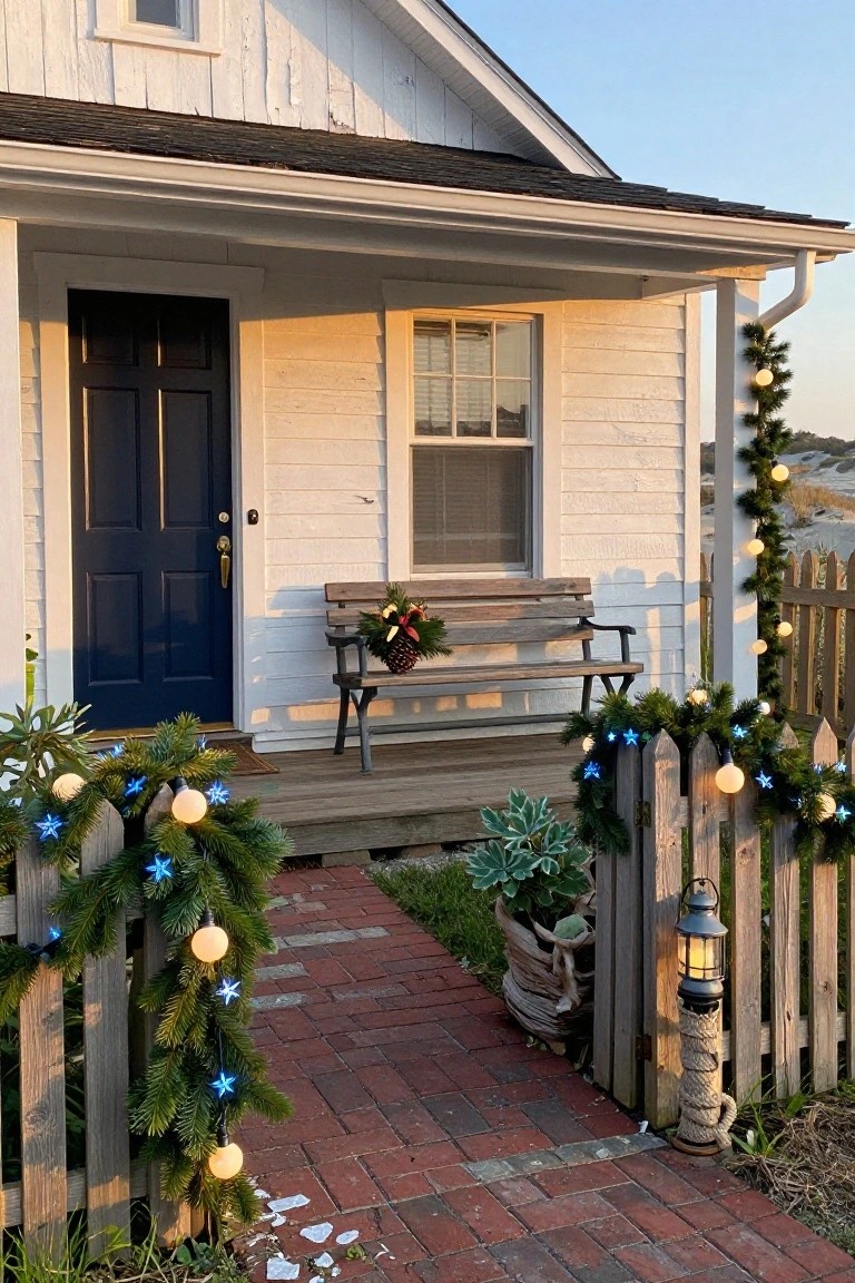 White clapboard house with dark blue front door and porch bench decorated for Christmas, pine garlands with blue star lights and white globes draped on rustic picket fence along brick path leading to the entry.