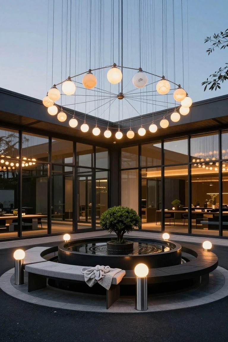 Courtyard with circular black fountain and bench at center, surrounded by stainless steel poles holding white globe lights, large hanging wheel-shaped globe chandelier overhead, large glass building walls, small tree in fountain, at dusk.